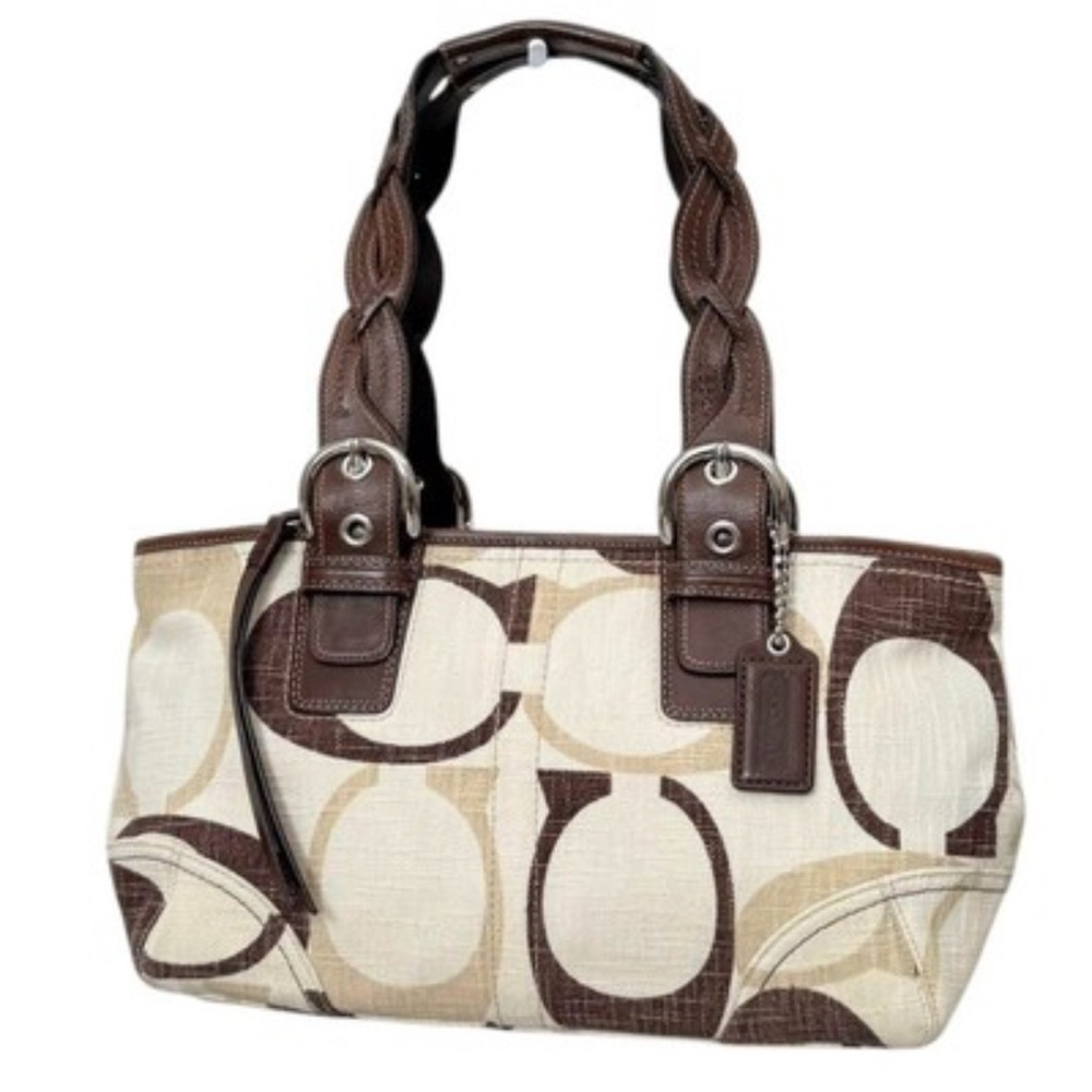 COACH (SET) Y2K TONAL SIGNATURE CANVAS SHOULDER TOTE, Brown & Cream with Wallet